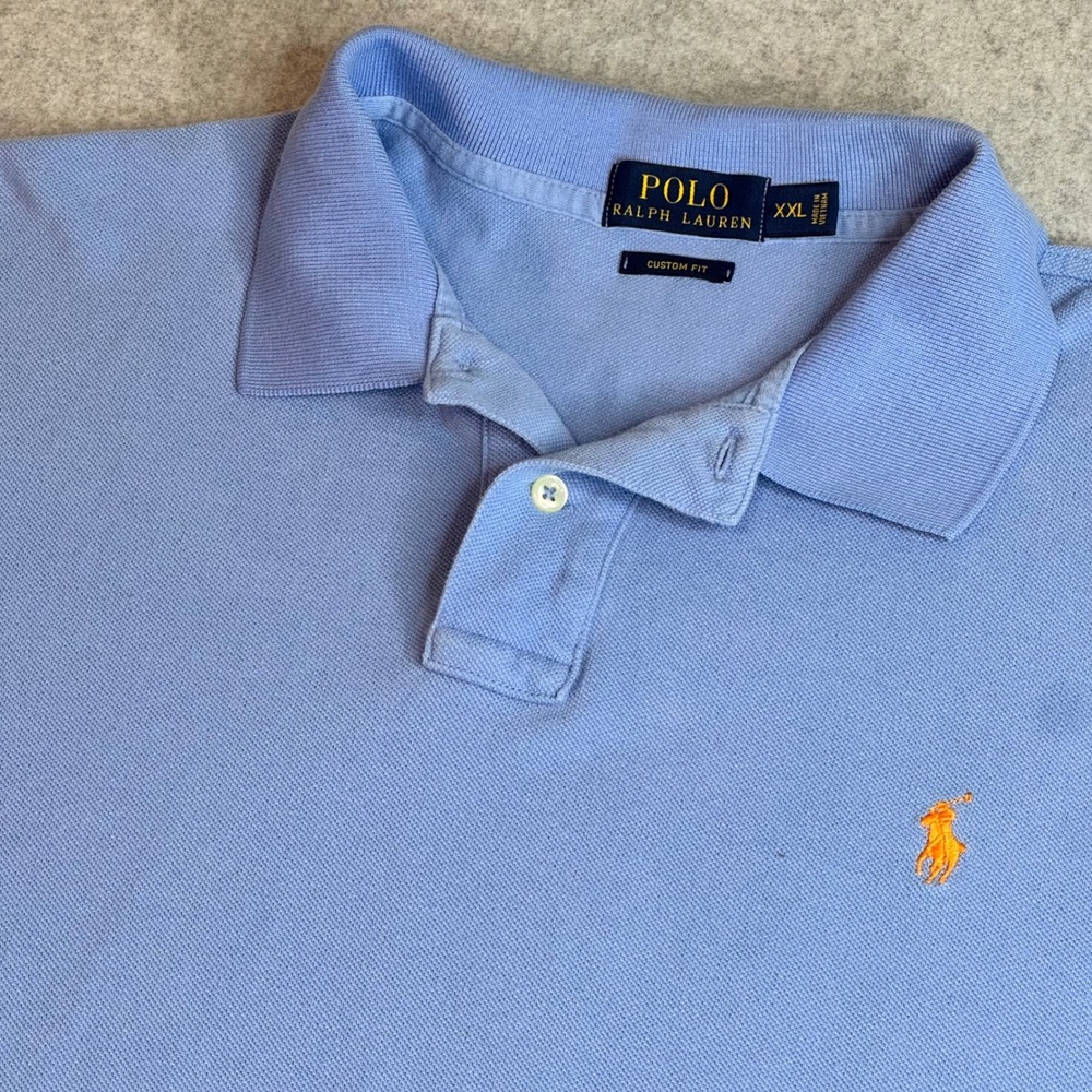 Polo Ralph Lauren Mens XXL Custom Fit Blue Short Sleeve Pique Polo Orange Logo